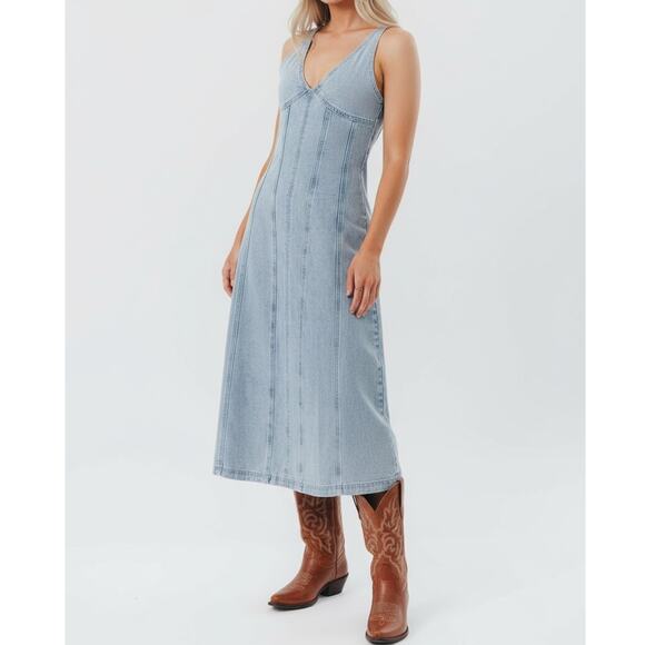 la lavon Denim Dress Size Large Midi Western Rodeo Cowgirl - Picture 1 of 14